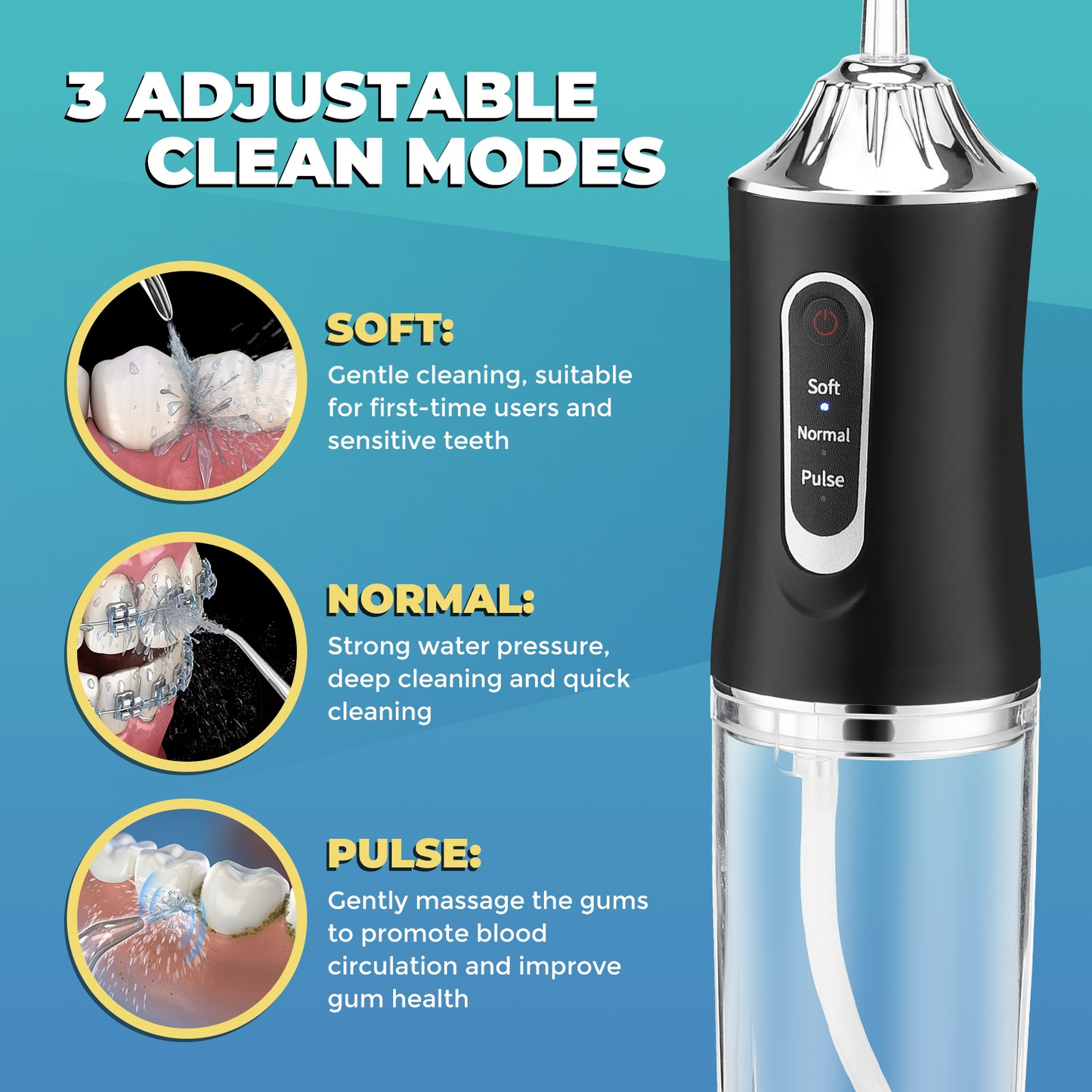 Portable Oral Irrigator – USB Rechargeable Water Flosser (220ml | 3 Modes | 4 Jet Tips)