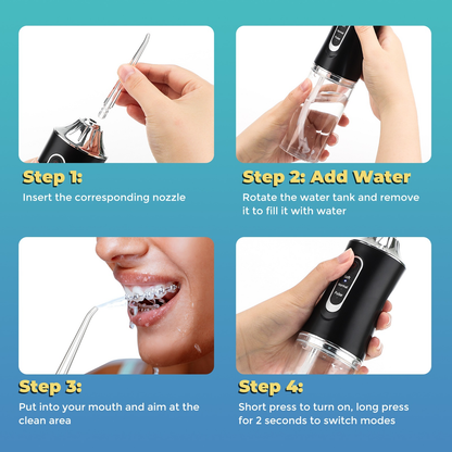 Portable Oral Irrigator – USB Rechargeable Water Flosser (220ml | 3 Modes | 4 Jet Tips)