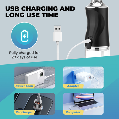 Portable Oral Irrigator – USB Rechargeable Water Flosser (220ml | 3 Modes | 4 Jet Tips)