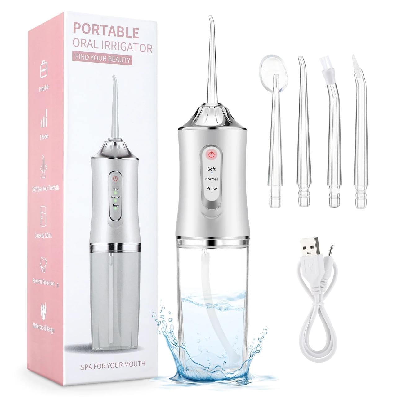 Portable Oral Irrigator – USB Rechargeable Water Flosser (220ml | 3 Modes | 4 Jet Tips)